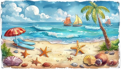 Beach clipart offers playful and versatile imagery suitable for a wide range of design projects. Illustrate beach scenes with cartoonish characters, seashells, beach umbrellas, and surfboards