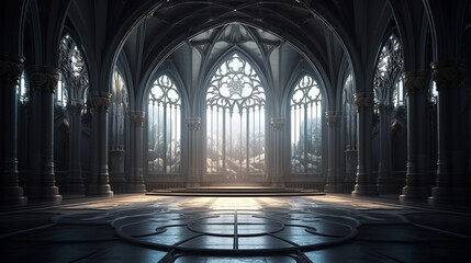 Gorgeous view of gothic hall interior with beautiful window background
