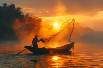 fishing boat at sunset - obrazy, fototapety, plakaty