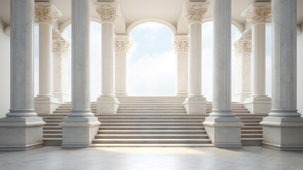 Marble pillars with steps. Classical columns row, building entrance. a row of towering marble columns, their smooth surfaces and intricate details.