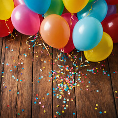 Balloons and confetti on wooden floor. Colorful balloons scattered on a wooden floor. This image exudes a festive and cheerful atmosphere, making it a perfect fit for celebrations, parties, and fun - 778658818