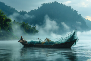 Asian fishermen dry their nets on wooden boats at dawn on the river - obrazy, fototapety, plakaty