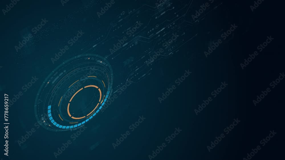 Poster motion graphic of blue digital circle futuristic hud elements with flowing arrows with rotation circ