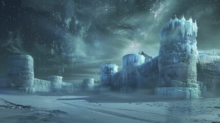 Under the shimmering starlight, ethereal ice castles rise, weaving dreams into the wintry night sky.