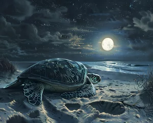 Fotobehang Moonlit Beach Turtle: A Seamless Pattern Art of Majestic Sea Creature Laying Eggs © T