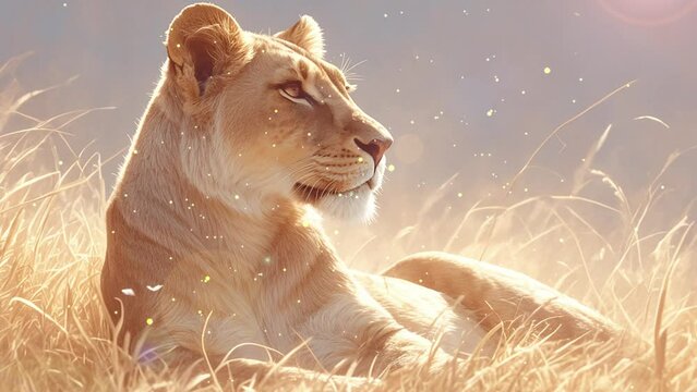 hyper-realistic 2D render of a lioness resting. seamless looping overlay 4k virtual video animation background