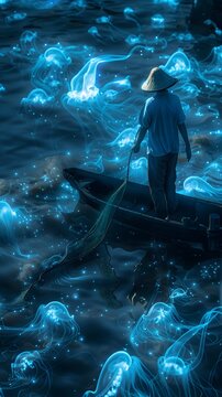 Fisherman Casting Net into Bioluminescent Jellyfish-Filled Sea at Night