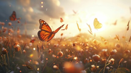 Butterflies Fluttering Over a Sunlit Field, A Vibrant Summer Day Dream. - obrazy, fototapety, plakaty