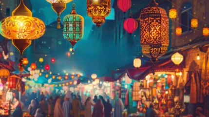 Foto op Aluminium a vibrant shade of teal, set against the backdrop of a bustling night market filled with colorful lanterns, overflowing stalls, and joyous crowds. © khoobi's ART