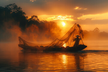 Asia fisherman  in the Mekong river at sunset  - obrazy, fototapety, plakaty
