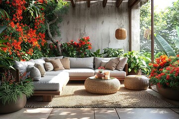 Interior Design of modern patio, Boho-chic style with rattan furniture, colorful cushions, natural elements