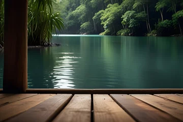Foto auf Acrylglas empty wooden at idyllic rainforest lake with product presentation space, beauty in nature concept with product display for travel, vacation, spa and environment Generative AI © Ghulam