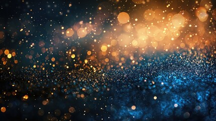  Dark Blue and Gold Particle Abstract Background Illuminated by Golden Light, Sparkling Particles Bokeh, Navy Blue with Glimmering Gold Foil Texture - A Festive Holiday Concept - obrazy, fototapety, plakaty