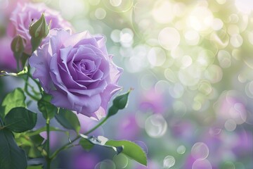 Garden with purple rose flowers with blurred background