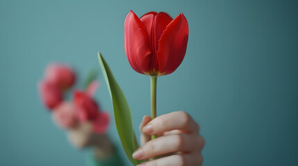 A red tulip flower held in a girl's hand, representing support and hope for Parkinson's disease awareness month. Ideal for posters, banners, and cards.