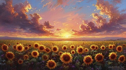 Witness the seamless fusion of sunflowers and sunsets against a vibrant summer field backdrop, creating a harmonious masterpiece.