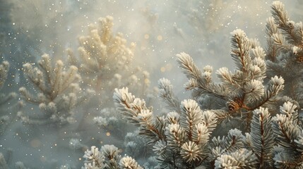 Fototapeta na wymiar Pine Trees and Ice Crystals, Winter's Green and Sparkle on Studio Canvas.