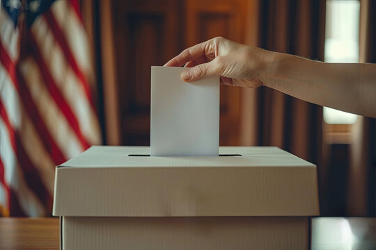 Voter putting voting paper in ballot box during elections. Election voting concept with American flagg on background for votes in United States of America