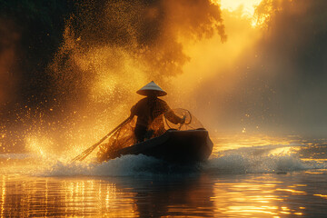 Asia fisherman net using on wooden boat casting net in the Mekong river at sunset  - obrazy, fototapety, plakaty