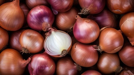 Collection of red onion background. Healthy eating and diet food concept. Whole and sliced vegetable composition and design element. Top view, flat lay