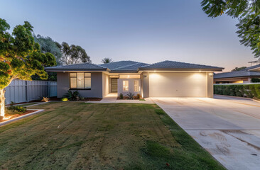 Fototapeta na wymiar A modern home in western Australia with an elegant grey colour scheme, featuring light concrete accents and large windows.