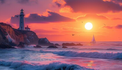 Coastal sunsets offer a magical blend of colors and textures, with waves crashing against rocky shores or gentle tides lapping at sandy beaches - obrazy, fototapety, plakaty