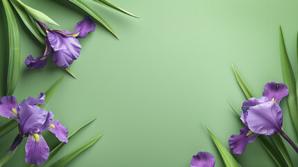 A visually striking image with purple irises framing an expansive, calm green space, embodying bold yet minimal aesthetics