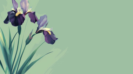 This image captures the artistic expression of iris flowers arranged against a stylish teal...