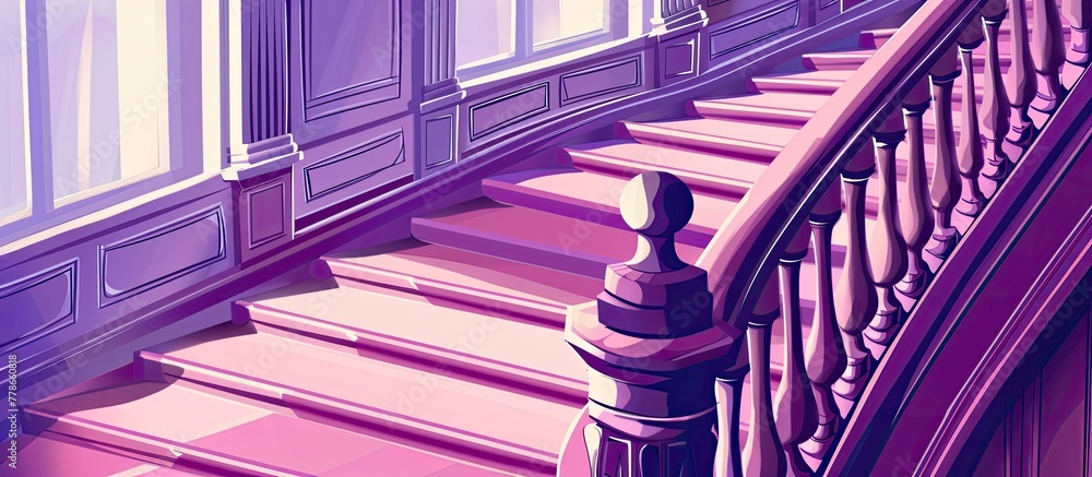 Poster a staircase with a purple carpet and a wooden baluster railing in a building, creating a unique touc