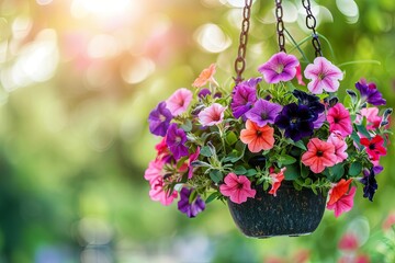 Pot of petunia flowers hanging on tree. Colorful summer flower in garden