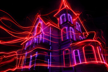 Creepy haunted house neon illustration isolated on black background.