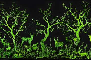 Eerie neon forest scene with silhouettes isolated on black background.