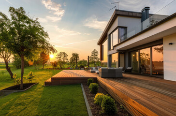 Beautiful house with a wooden terrace and garden, exterior view of a modern country home in Poland at sunset with furniture on the deck, panoramic windows and sliding doors