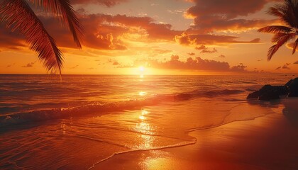 The beach at sunset offers a picturesque setting with golden hues reflecting off the water and...