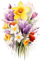 Floral Bouquet of Spring Flowers: Crocuses, Tulips and Daffodils in Purple, Red and Yellow on a Transparent Background