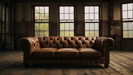 Generative KI Winchester Couch in alter Fabrikhalle - obrazy, fototapety, plakaty