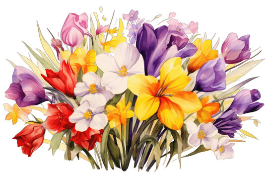 Floral Bouquet of Spring Flowers: Crocuses, Tulips and Daffodils in Purple, Red and Yellow on a Transparent Background