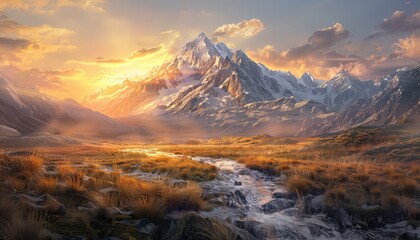 Mountain landscapes offer a sense of grandeur and adventure. Capture the beauty of rugged peaks, rolling hills, and winding trails against dramatic skies or serene sunsets - obrazy, fototapety, plakaty