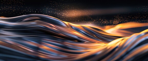 Horizontal waving flowing metal abstract lines on dark background. Design. Light flares on wavy surface,Abstract 3d rendering of flowing particles. Futuristic background for business presentations.
