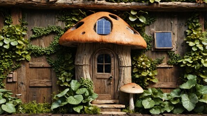 Wooden mushroom house in the garden. Decorated with plants.
