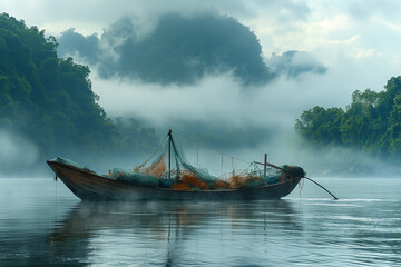 Asian fishermen dry their nets on wooden boats at dawn on the river