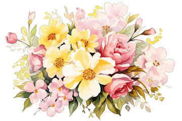 Floral Bouquet of Spring Flowers: Peonies and Primroses in Pink and Yellow on a Transparent Background - obrazy, fototapety, plakaty