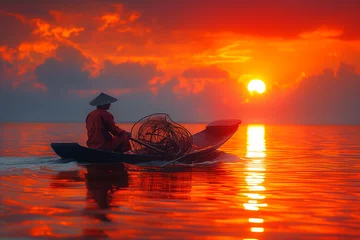 Photo sur Plexiglas Rouge boat at sunset