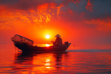 Asia fisherman in river at sunset 