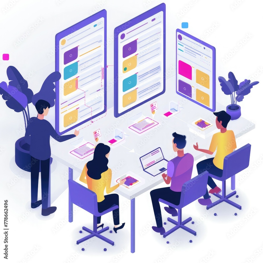 Poster A group of employees collaborating on a project using a shared digital workspace. 