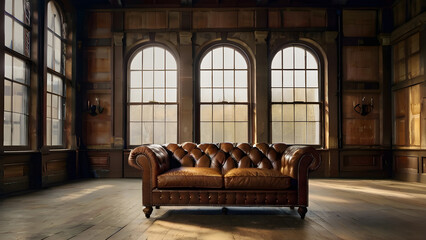 Generative KI Winchester Couch in alter Fabrikhalle - obrazy, fototapety, plakaty