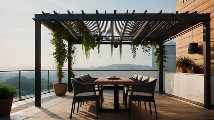 Comfortable outdoor roof terrace including a pergola and minimalist potted plants - obrazy, fototapety, plakaty