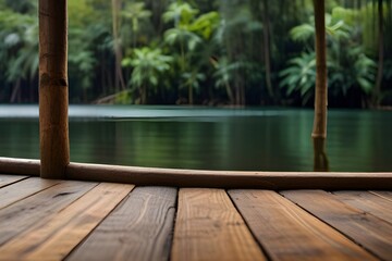 empty wooden at idyllic rainforest lake with product presentation space, beauty in nature concept with product display for travel, vacation Generative AI