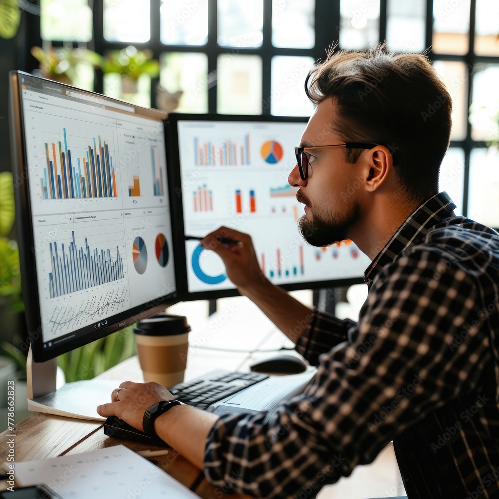 Poster an employee working on financial reports, reviewing charts and graphs on a monitor. job