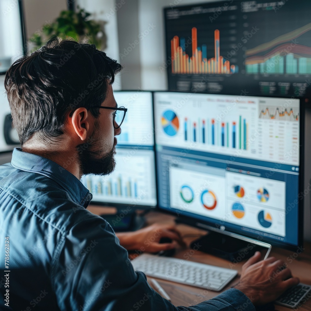 Poster an employee working on financial reports, reviewing charts and graphs on a monitor. job